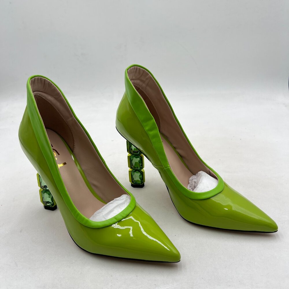 FSJ Green Jeweled High Heel Pointed Toe Slip On Sparkling Crystal Bead Heel Pump - Picture 3 of 7